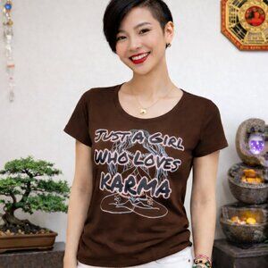 NWT - Medium brown top. JUSTA A GIRL KARMA. Spiritual. Casual. Summer